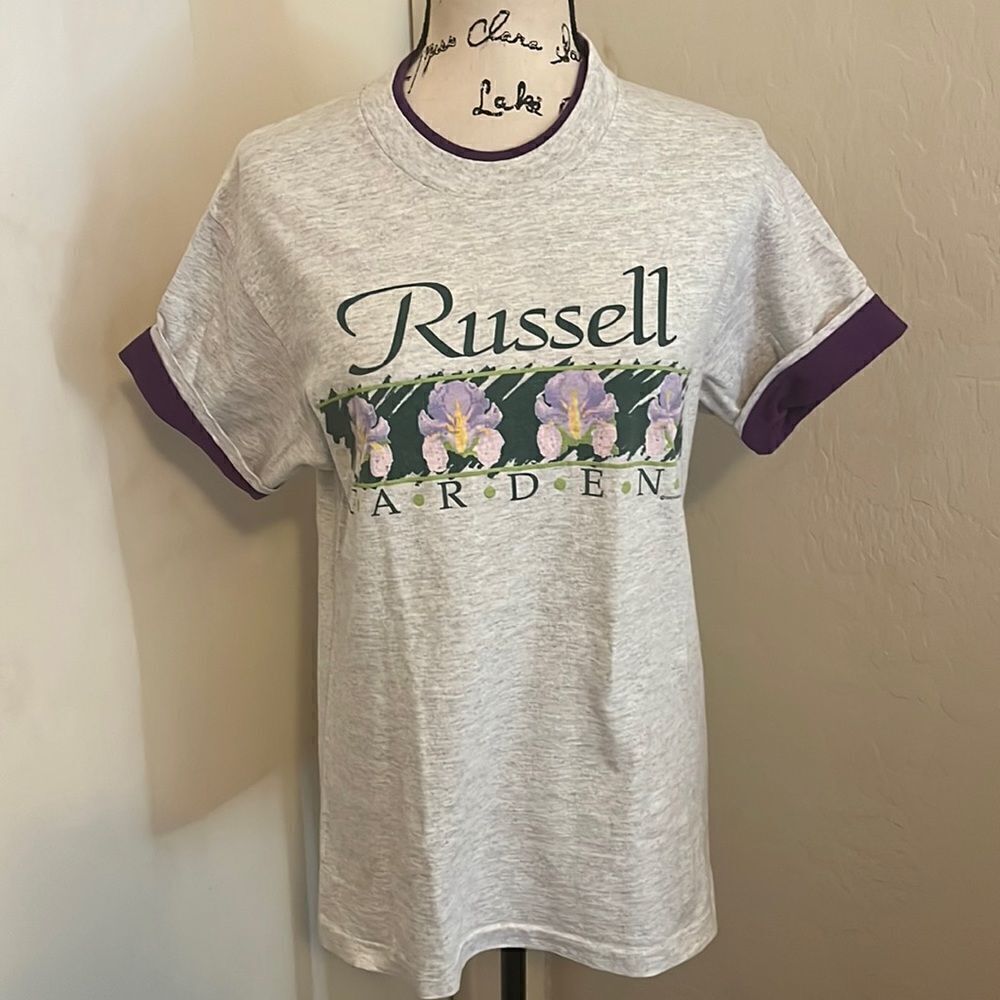 Vintage Gray Purple Floral Print Russell Gardens Nature Shirt Feminine Casual